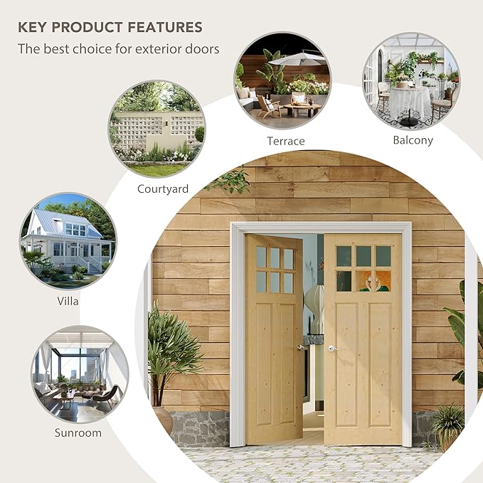 Exterior Doors, 72" x 80", 6-Panel Clear Glass Front Door, Solid Wood & MDF Entry Doors, Waterproof Primed, Easy DIY Install-Pine