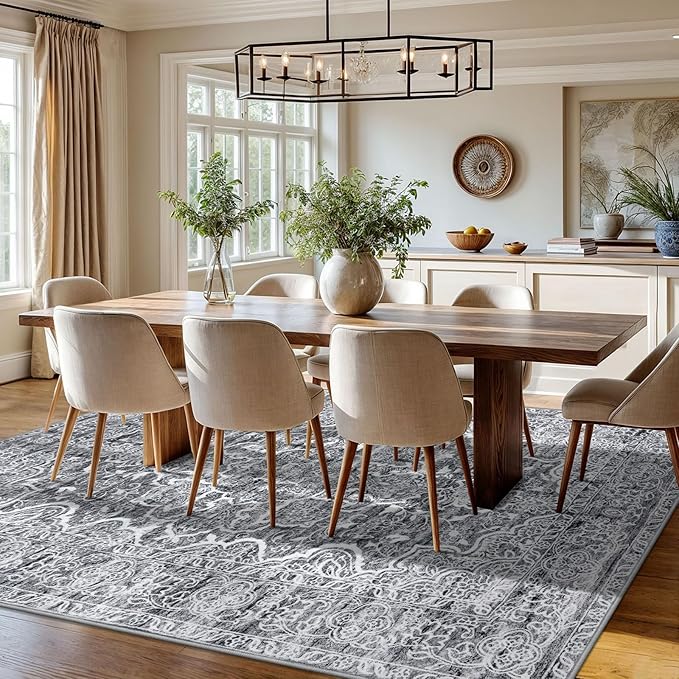 KUTA Vintage Area Rugs for Living Room 8x10 Grey Blue White, Washable Large Rug for Bedroom 8ft x 10ft Non-Slip, Ultra Soft Printed Floral Dining Room Low-Pile Carpet