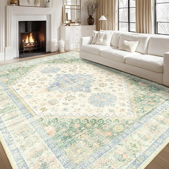 MUJOO 8x10 Area Rugs,Washable Rugs for Living Room Dining Room Bedroom,Large Boho Throw Carpet,Non Slip Big Indoor Low Pile Light Green and Blue