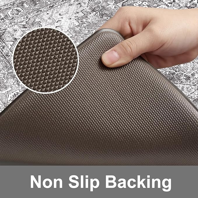 KIMODE Anti Fatigue Cushioned Kitchen Mats for Floor 2 Piece, Boho Vintage Kitchen Rugs Non Skid, Comfort Memory Foam Standing Desk Mats for Laundry Office Sink 20"x59"+20"x32" Grey