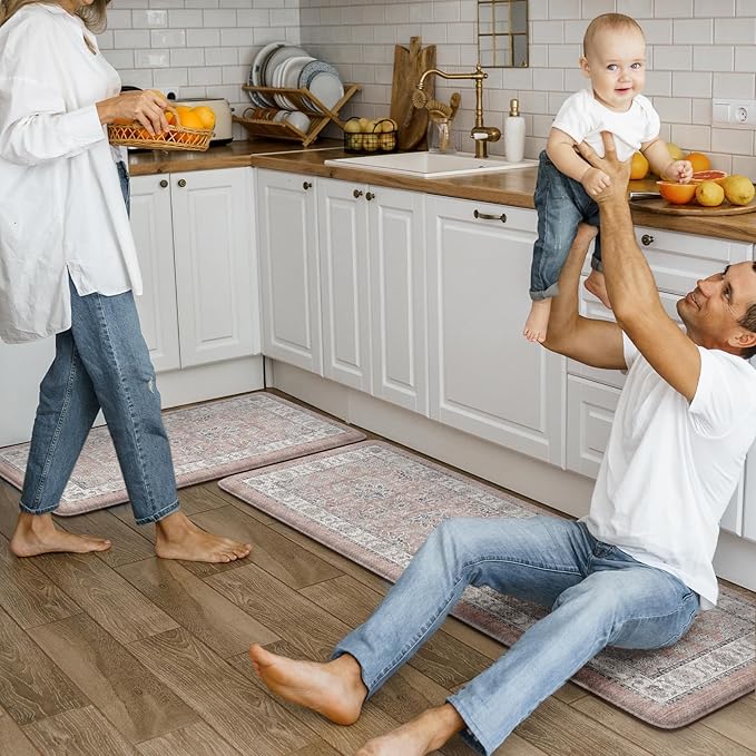 KIMODE Anti Fatigue Mats for Kitchen Floor, Boho Floral Kitchen Rugs Sets of 2, Cushioned Kitchen Floor Mats, Comfort Standing Desk Mat for Sink, Laundry, Desk Pink Multi 17"x29.5"+17" x47”