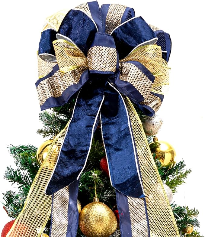Blue Gold Christmas Tree Bow Topper - 33x13 Inches Large Gift Bow Handmade Decoration for Wreaths