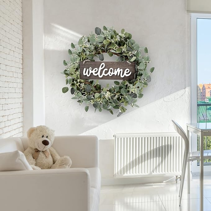 Sggvecsy Green Eucalyptus Leaf Wreath with Welcome Sign 20in Artificial Eucalyptus Wreath Spring Summer Wreath for Front Door Wall Window Farmhouse Festival Porch Patio Garden Decor