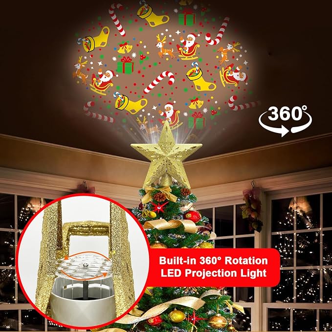 10" Christmas Tree Topper Star Lighted with 6 Projection Modes, Light Up Christmas Tree Topper Built-in LED Rotation Light, 3D Glitter Dynamic Projector Tree Top for Xmas Party Decorations Gift