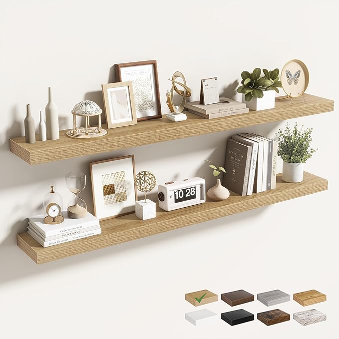 48 Inch Floating Shelves for Wall 2 Pack, 48" Wall Shelves for Books, Storage, Decor, Wall Mounted Floating Shelf with Invisible Brackets for Kitchen, Living Room, Oak