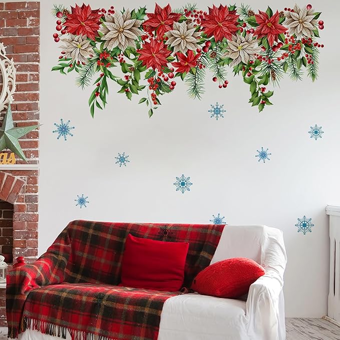 Christmas Wall Stickers Decor- Flower Wall Decals Peel and Stick Xmas Santa, Reindeer, Gifts Removable Wall Art for Home Party Office Classroom Winter Holiday (A)