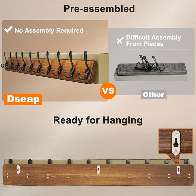 Dseap Coat Rack Wall - Heavy-duty 38-1/4" Long, with Reinforced 10 Custom Tri-Hooks, Solid Wood Wall Hanger for Coats Hat Jackets - Rustic Farmhouse Entryway Storage, Weathered Blue & Black, Pack of 2