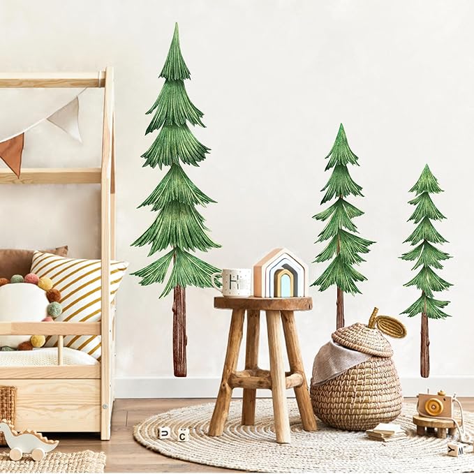 Large Pine Tree Wall Decals Peel and Stick Watercolor Extra Large Tree Wall Decal Forest Nature Green Trees Stickers Woodland Giant Pine Trees Decals for Nursery Kids Room Decor