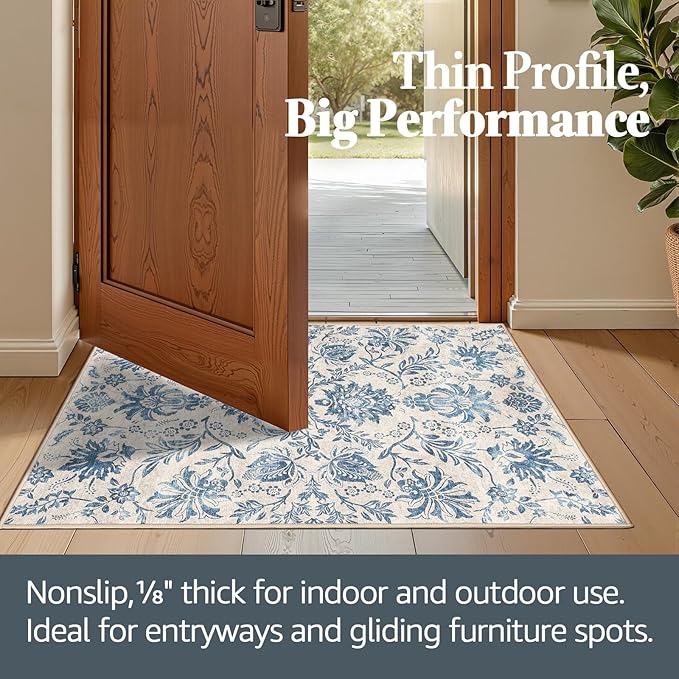 jinchan Torino Runner Rugs 3x10, Vintage-Inspired Floral Design Machine Washable Non-Slip Ultra-Thin Low-Pile Rubber Backing Traditional Rug for Kitchen Hallway Laundry Room Entryway Dark Blue