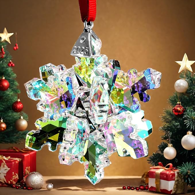 2025 Annual Edition 3D Crystal Snowflake Christmas Ornaments Christmas Tree Ornaments Crystal Sun Catcher Home Hanging Decor (3D-Colorful)