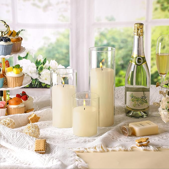 Shihanee Set of 12 Pillar Candles and Glass Cylinder Vases Clear Cylinder CandleHolders for Slim Pillar Candles Wedding Centerpieces(3.4''x 4.7'', 7'', 9.8'',Ivory White)