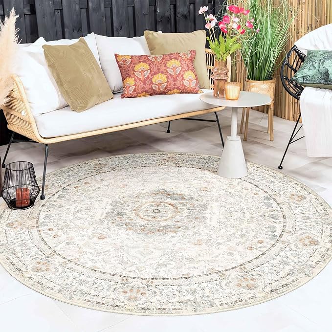 Boho Round Rug 6ft,Washable Circle Area Rugs for Bedroom Living Room,Beige Vintage Bohemian Distressed Oriental Floral Carpet Non Slip
