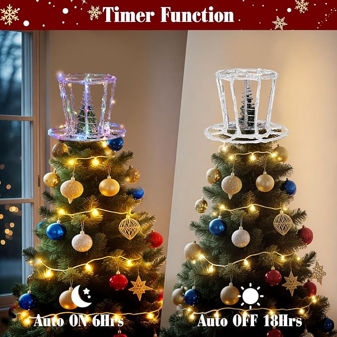 Lewondr Christmas Tree Topper Hat, 9.45" Epoxy Hat Xmas Tree Topper with 40 Color LED Bulbs, 6 Hrs Timer and 8 Light Modes USB Remote Control, Christmas Treetop Decor for Home Holiday, Silver