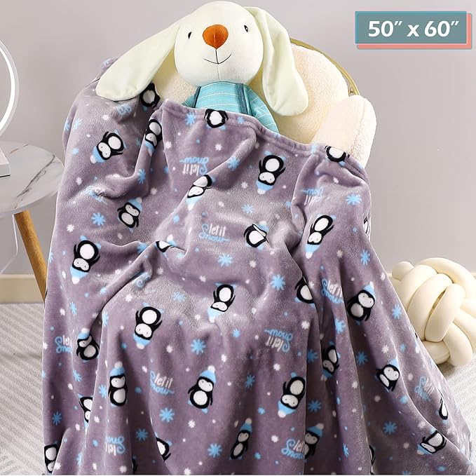 Warm Soft Toddler Fleece Blankets for Boys & Girls with Cartoon Penguin Pattern Print - Cozy Fuzzy Plush Flannel Kids Throw Blanket for Daycare & School - 50x60 inches (Grey)