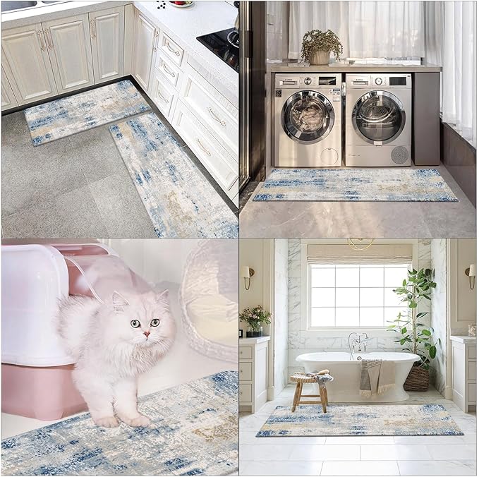 Arttown Modern Anti-Fatigue Kitchen Rug Set of 2 Blue Grey Cushioned Floor Standing Mat Waterproof Non-Slip Mat and PVC Ergonomic Comfort Foam Rug