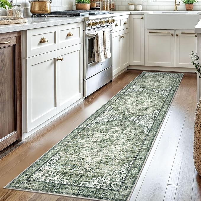 2x8 Runner for Hallways, Green Non-Slip Washable Kitchen Runner, Vintage Boho Printed Rug with Non-Shedding, Soft Medallion Floor Carpet for Laundry Bedroom Entryway