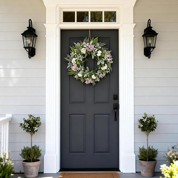 24 Inch Spring Wreaths for Front Door – Artificial Lamb Ear Leaf Wreath with White & Purple Flowers, Farmhouse Greenery Elegant Floral Wreath for Home Wall Decor, Durable Indoor Outdoor Use