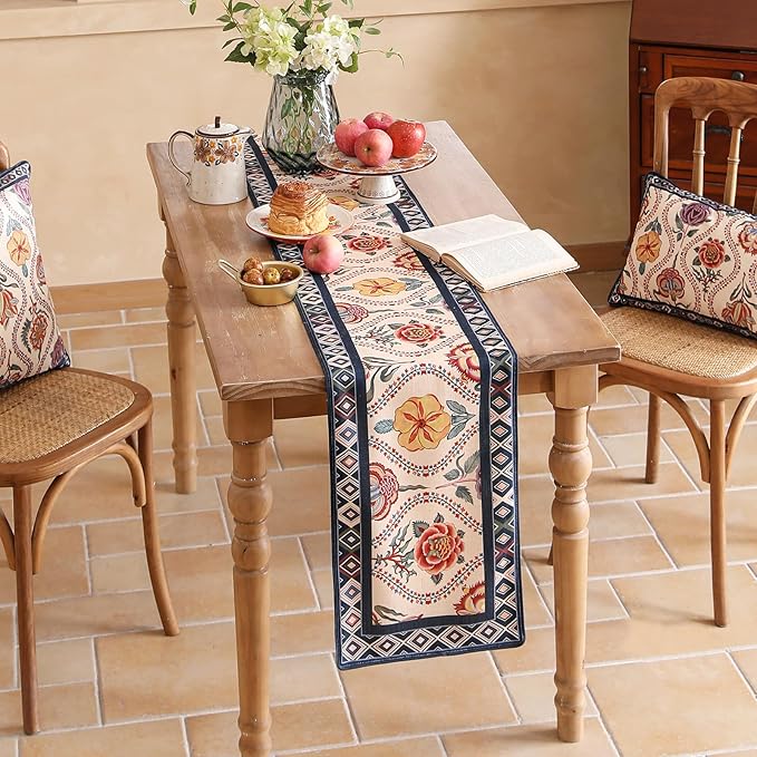 Rectangular Flower Table Runner 87 Inches Long,Farmhouse Linen Floral Table Runners with Navy Blue Border,Fall Decorations for Home Thanksgiving Christmas Party.12*87"-Lanae
