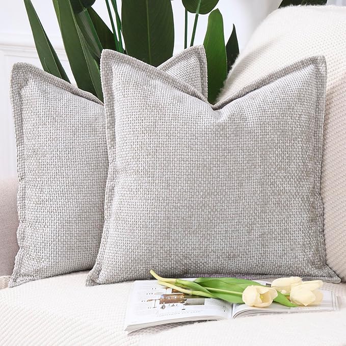 MADIZZ Chenille Velvet Throw Pillow Covers with Flange Set of 2 Super Soft Boho Textured Pillow Covers Decorative Throw Pillowcases Modern Farmhouse Home Decor for Sofa Bedroom Oatmeal 16x16 Inch