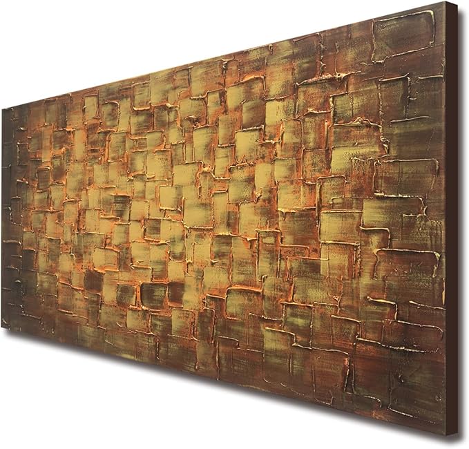 MyArton Textured Abstract Squares Canvas Wall Art Hand Painted Modern Golden Yellow Oil Painting for Decoration Ready to Hang 48x24inch