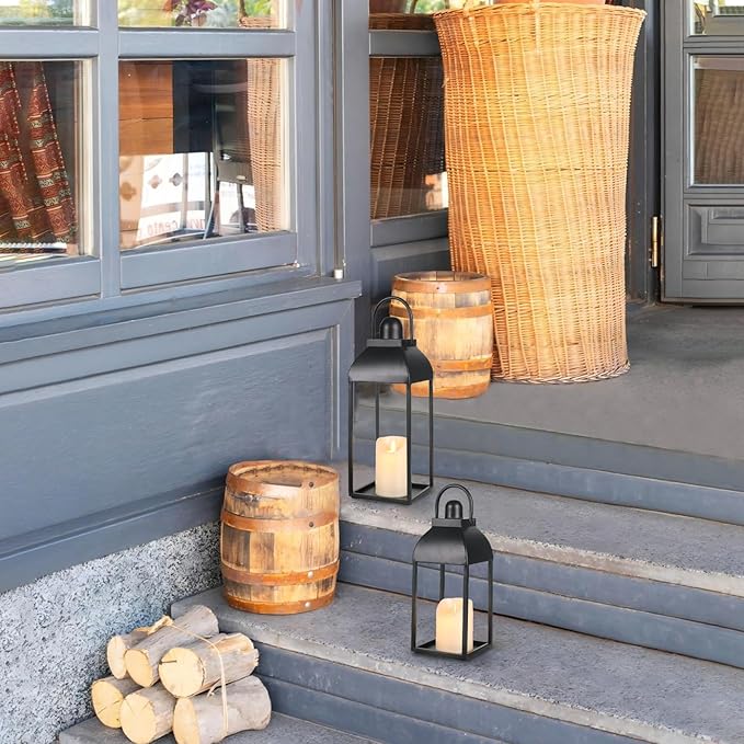 Lanterns Decorative Outdoor Indoor, Black Metal Outdoor Lanterns, 17'' 13'' Set of 2 Modern Farmhouse Candle Lantern Decor Rustic Lanterns Centerpieces for Patio, Front Porch, Mantel, Wedding