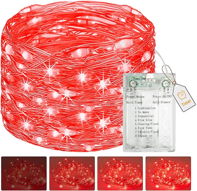 btfarm Fairy Lights Battery Operated with Timer 8 Modes, 16.4 FT 50 LED Silver Wire Twinkle String Lights Battery Powered Dimmable Waterproof for Indoor Home Party Wedding Christmas Decor, Red