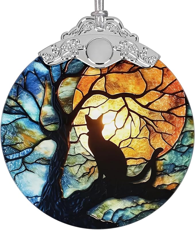2025 Ornaments for Christmas Tree, Zmoicky Stained Glass Hanging Ornament, Christmas Ornaments Clearance, Gift Exchange Ornament, Bauble Present - Cat Under Moonlight