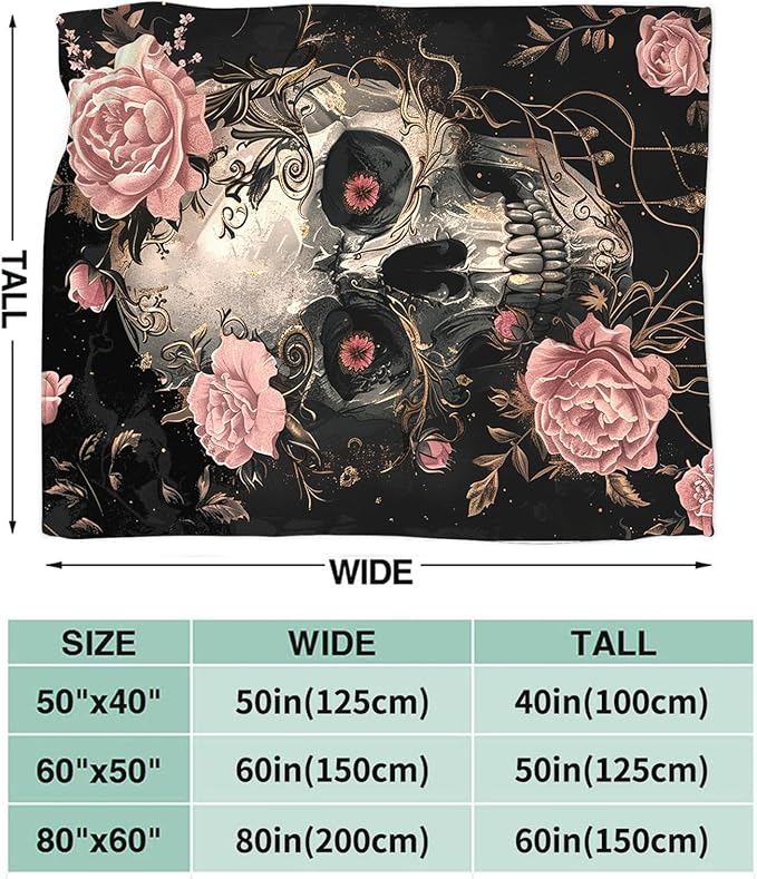 Tijuboni Skull Roses Throw Blanket Skeleton Gifts for Girls Boys Women Men Kids Adults Soft Flannel Fleece Blanket for Couch Sofa Bed Home Decor 40"x50"