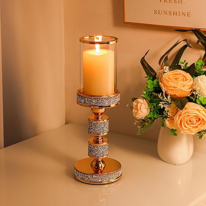 Pillar Candle Holder with Glass Wind Proof, Metal Hurricane Holders, Gold Crystal Candle Stand for Table Centerpieces, Home Decor, Wedding, Dining Table (M, 1PC, for Pillar Candles up to 3"x5")