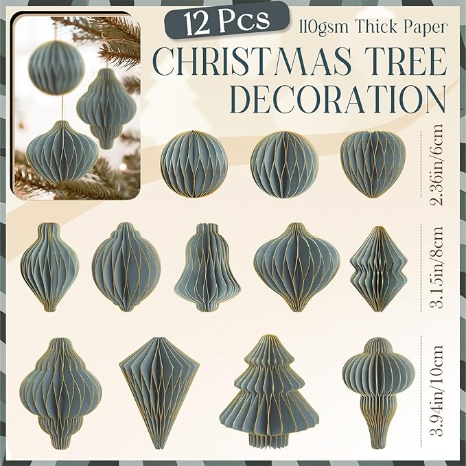12Pcs Dusty Blue Paper Christmas Party Decorations, 3D Honeycomb Paper Hanging Ornaments with Glitter Edges, Classic Honeycomb Lantern Ornaments for Christmas Trees Winter Wonderland Party