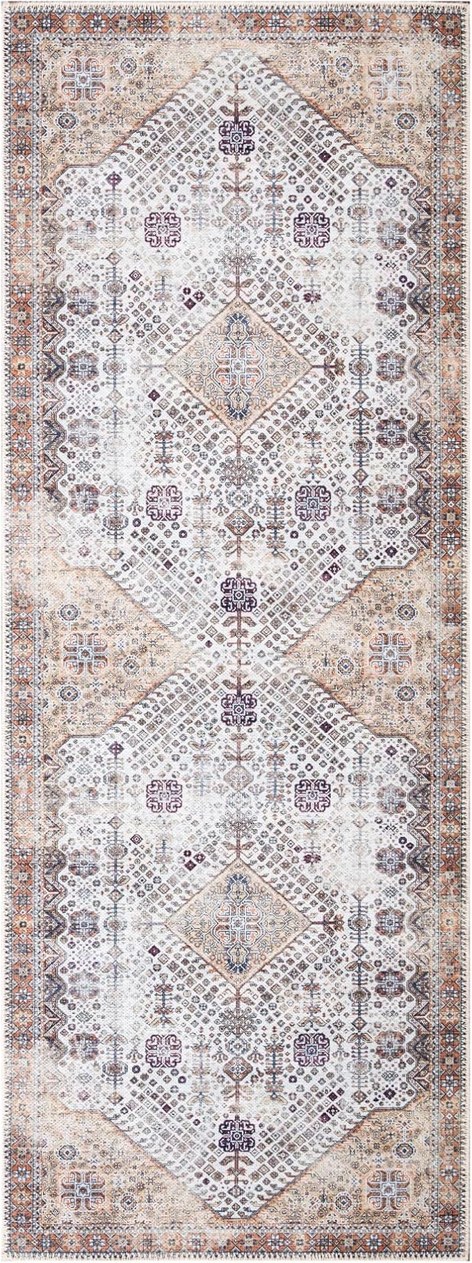 Bloom Rugs Washable Non-Slip 10 ft Runner - Sand/Orange/Purple Traditional Medallion Runner for Entryway, Hallway, Bathroom, and Kitchen - Exact Size: 2.5' x 10'