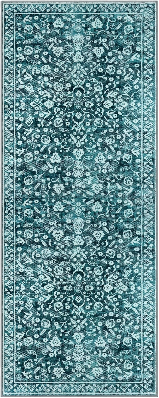 Vintage Washable 2x5 Rug Runner, Dark Teal Runners for hallways, Super Soft Kitchen Runner Rug Non Slip, Print Faux Wool Floral Thin Carpet Runner for Entryway Indoor Bedroom