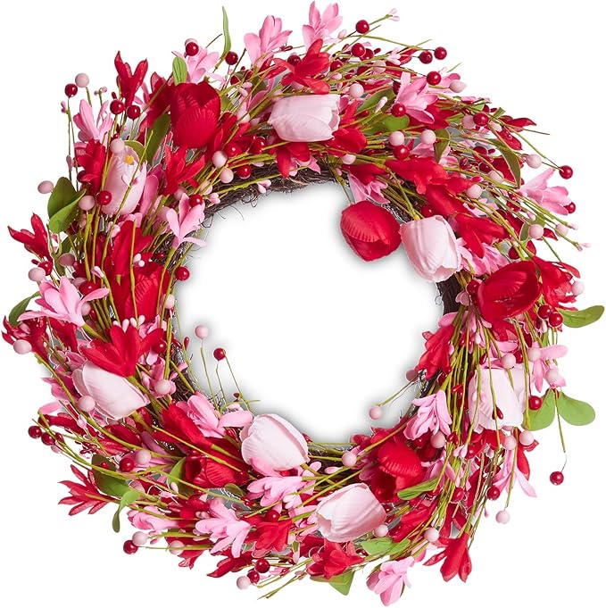 WDS WONDROUS 18.8 Inch Valentine's Day Wreath, Red Pink Tulip Floral Wreath with Berry Accents for Front Door Decor, Spring Wedding Anniversary Party Decoration
