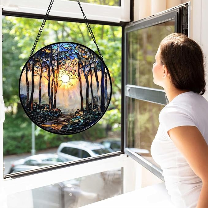 Stained Glass Window Hanging, Forest Sunrise Smoke Blue Brown Tree Suncatcher for Doors Window Home Landscape Sun Catchers Decor Mother's Day Birthday Gifts for Women, Men Mom 15 in