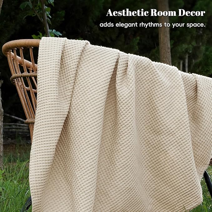 PHF 100% Cotton Waffle Weave Blanket Queen Size for Bed, Snag Proof Lightweight Breathable Moisture-wicking Throw for Couch, Great for Layering in Cold, Machine Washable, Home Decor Gift - Linen/Stone