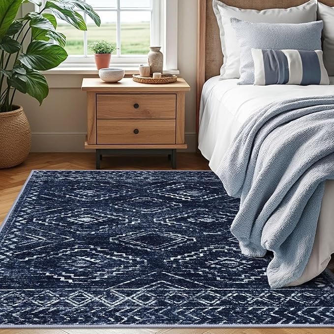 KILOCOCO Area Rug 4'x6' Entryway Rug Washable Bedroom Rugs Non Slip Printed Boho Low-Pile Rubber Backed Blue Soft Rugs for Kitchen Living Room Dining Geometric Moroccan Carpet, Dark Blue