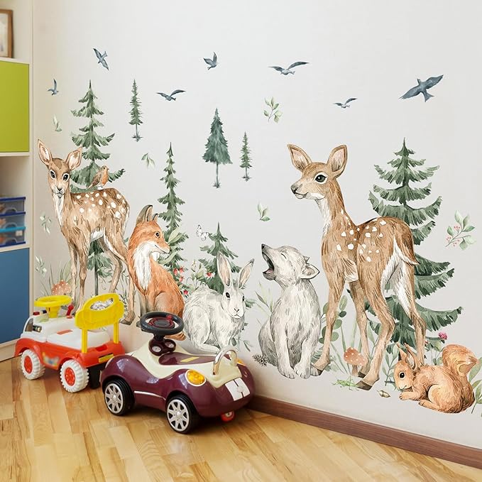 Amaonm 4 Sheet of 12x36 inch Giant Forest Tree Wall Decal Woodland Deer Bear Rabbit Fox Squirrel Birds Wall Stickers 3D DIY Peel and Stick Jungle Wild Animal Pine Wall Decor for Kids Boys Bedroom