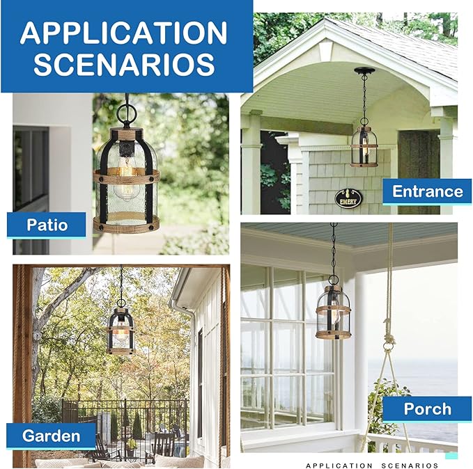 Outdoor Pendant Light for Porch,Waterproof Modern Exterior Hanging Lantern with Adjustable Chain, in Black and Wood Grain Finish with Air Bubble Glass for Front Door,Entryway,Farmhouse
