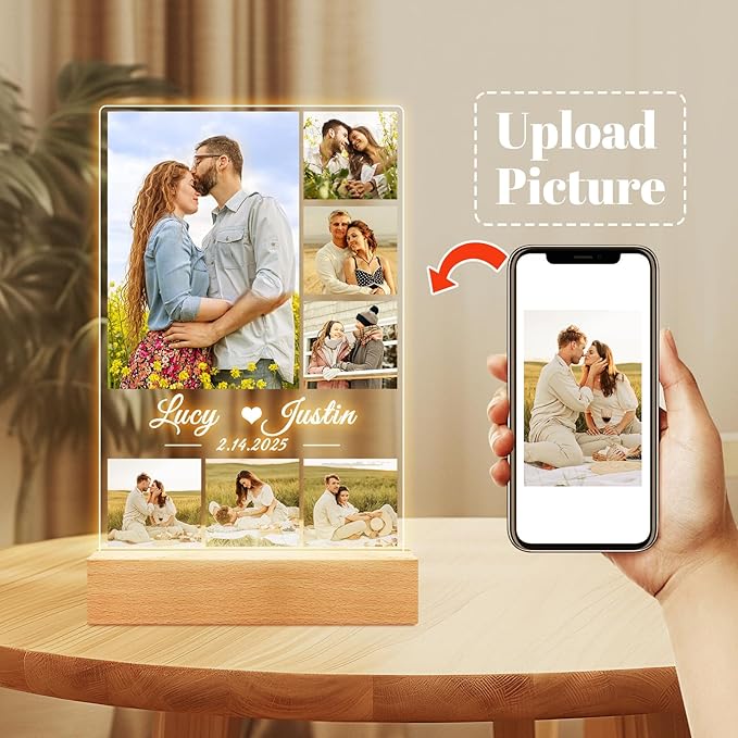 Personalized Christmas Anniversary Couple Gifts for Women Men, Custom Picture Frames with Photo, Personalized Photo Frame with Night Light, Customized Gifts for Girlfriend Boyfriend Her Him