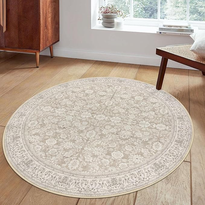 5' Round Rug Washable Rug for Entryway, Cream Beige White Grey Soft Non-Slip Area Rugs Distressed Floral Low-Pile Carpet, Neutral Vintage Circle Rugs for Living Room Dining Bedroom Foyer