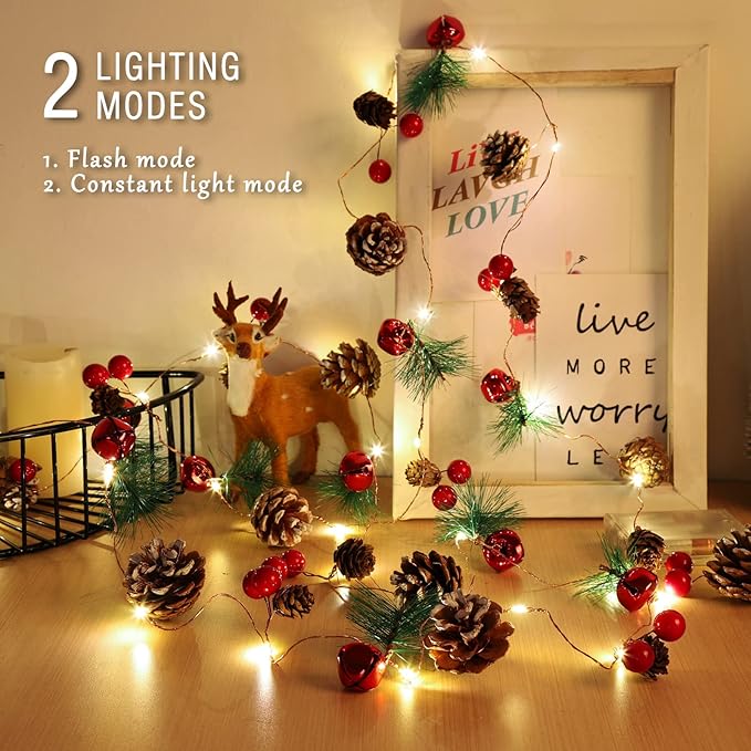 Christmas Decorations Indoor-10FT Enchanting Christmas Garland with 30 LED Lights Battery Operated-Realistic Red Berries & Pine Cones Decor for Tree,Fireplace Mantel,Indoor Holiday Home Decor