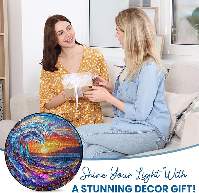 FLAGWIX Christmas Beach Gifts for Women Men - Stained Glass Window Hanging 8in for Holiday Christmas Decorations 2025 - Sun Catchers Indoor Window for Ocean Decor, Beach Decor, Boho Gifts for Women