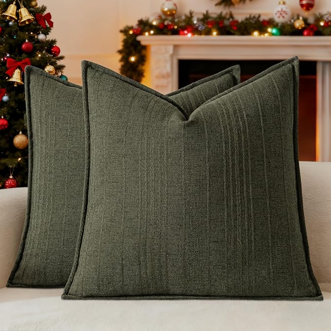 a moment Christmas Linen Pillow Covers Set of 2,Boho Farmhouse Throw Pillowcases Neutral Textured Decorative Covers for Couch Sofa,Soft Linen Blend Accent Case Cushion Home Decor 26"x26"Dark Green