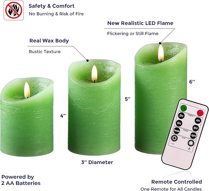 VENTA Green Real Wax Pillar Candles, Set of 3 | Battery Operated LED Candles with Remote | Fresh Spring & Nature Inspired Decor for Living Room, Spa & Botanical Themes