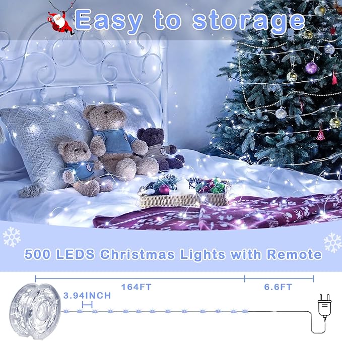 Decute 500LED 164ft Fairy String Lights Cool White Christmas Light Silver Wire w/Remote, Firefly Lights Starry Light for DIY Christmas Tree Costume Wedding Party Table Centerpiece Decor