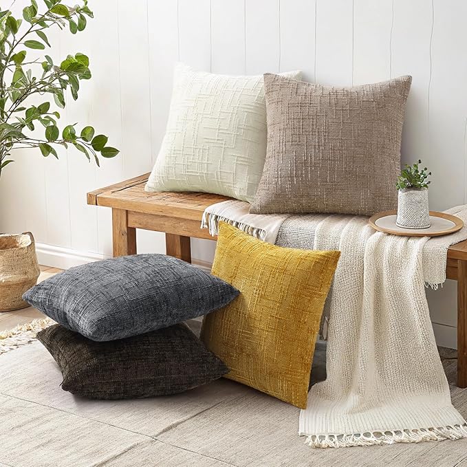 decorUhome Fall Oatmeal Chenille Throw Pillow Covers 16x16 Set of 2 Thick Textured Slubby Couch Pillow Covers Farmhouse Accent Modern Neutral Decorative Pillow Cases for Bed Sofa Living Room