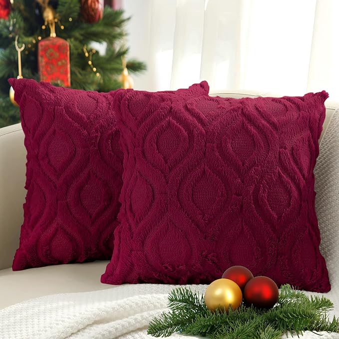 decorUhome Christmas Throw Pillow Covers 24x24 Inch Set of 2, Soft Plush Faux Wool Burgundy Solid Couch Pillow Covers, Accent Farmhouse Neutral Square Pillow Cases for Sofa Bed Living Room