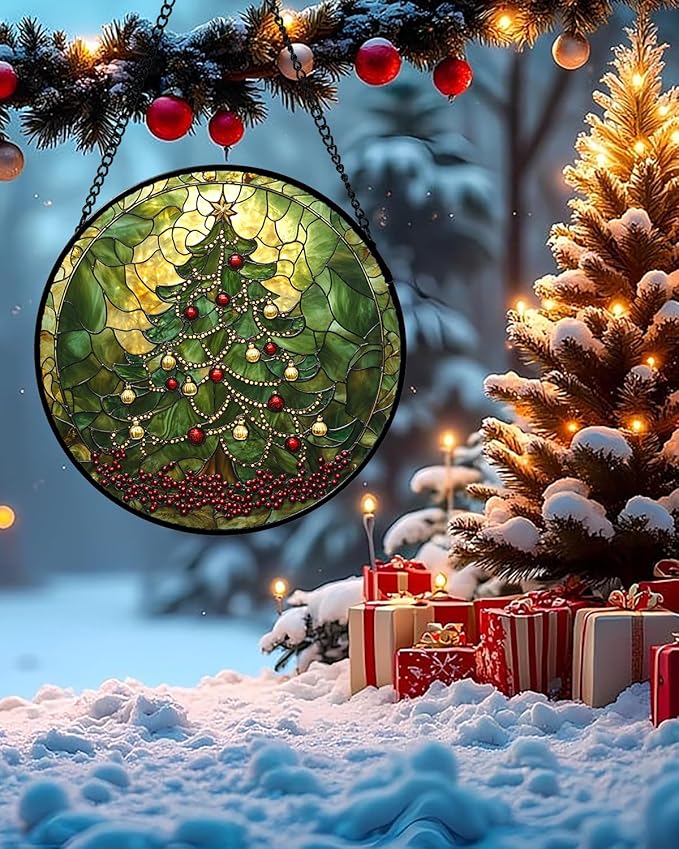 Stained Glass Window Hanging - Retro Green Christmas Tree Suncatcher for Doors Home Christmas Decoration Sun Catcher Thanksgiving New Year Birthday Gifts for Women Men Mom Nana 11.8 in