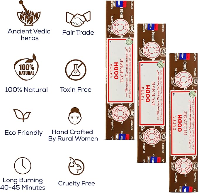 Satya Nagchampa Oodh Incense Sticks, Satya Bng (Bangalore) Insenses 15gmx3 Pack (45 GMS) with Raajsee Incense Holder Bundle, Satya Nagchampa Natural Incense