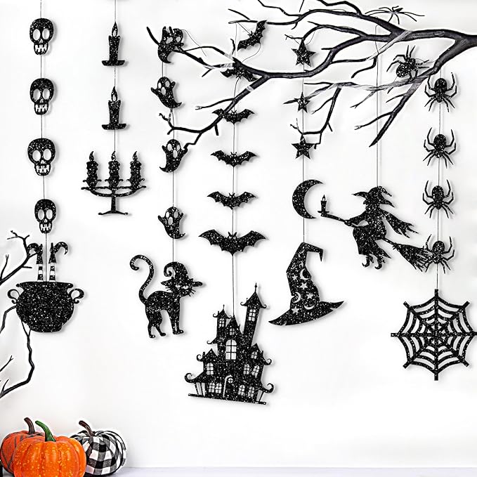 Glitter Black Halloween Hanging Banner Garland Decorations - Ghosts, Witches, Bats, Spiders, Haunted House, Cat and More - Indoor/Outdoor Party Supplies for Gothic Birthday, Home, Office, Classroom
